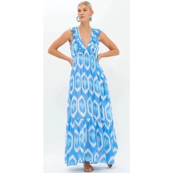 Oliphant Dresses & Skirts - OLIPHANT  Blue White Ruffle V-Neck Maxi Dress Sleeveless Tiered Cotton M
